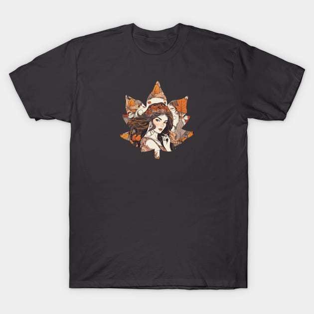 Autumn girl in maple leaf beautiful design T-Shirt by Edgi